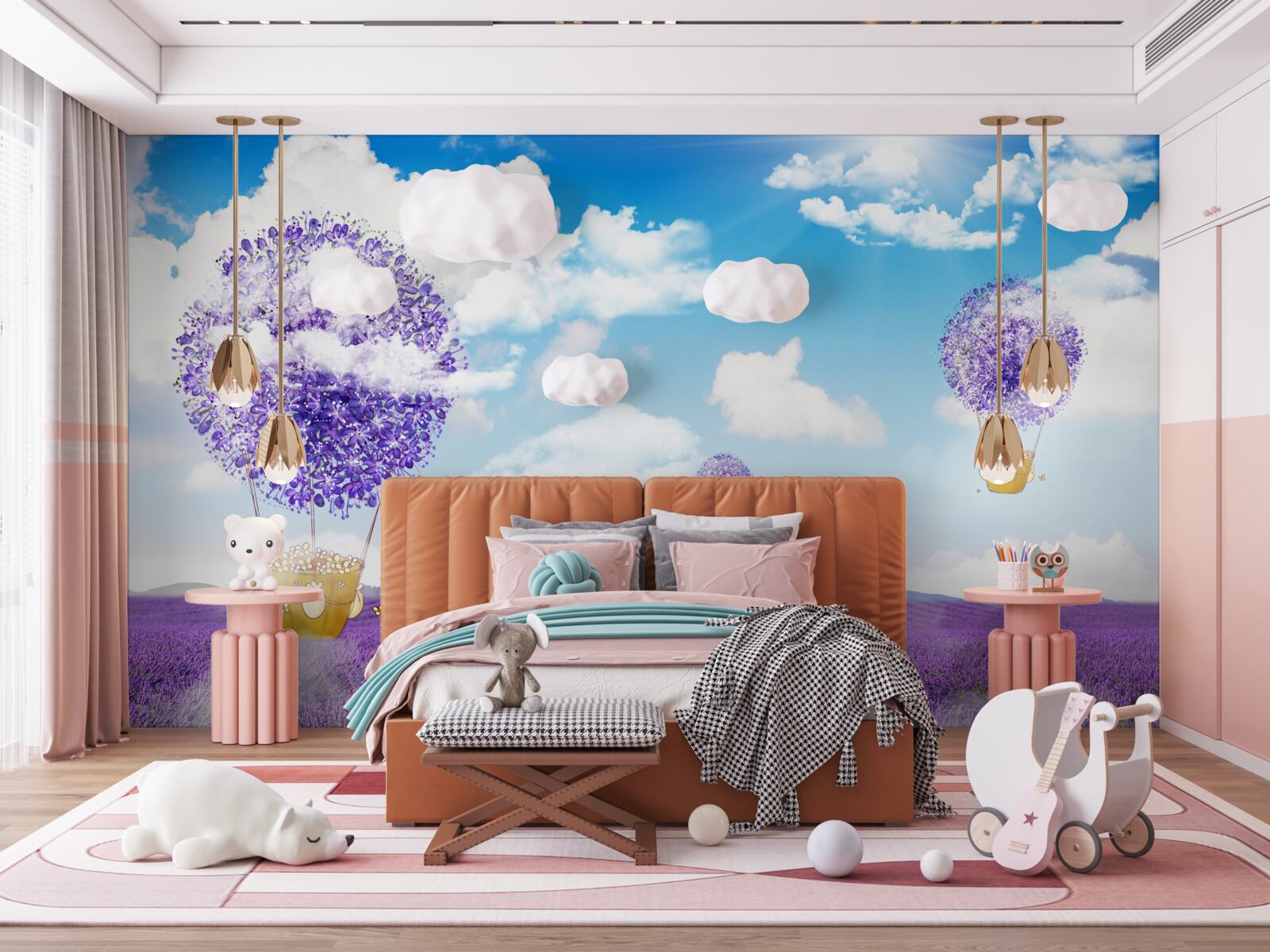 Fotobehang lavendelplantage en ballonnen