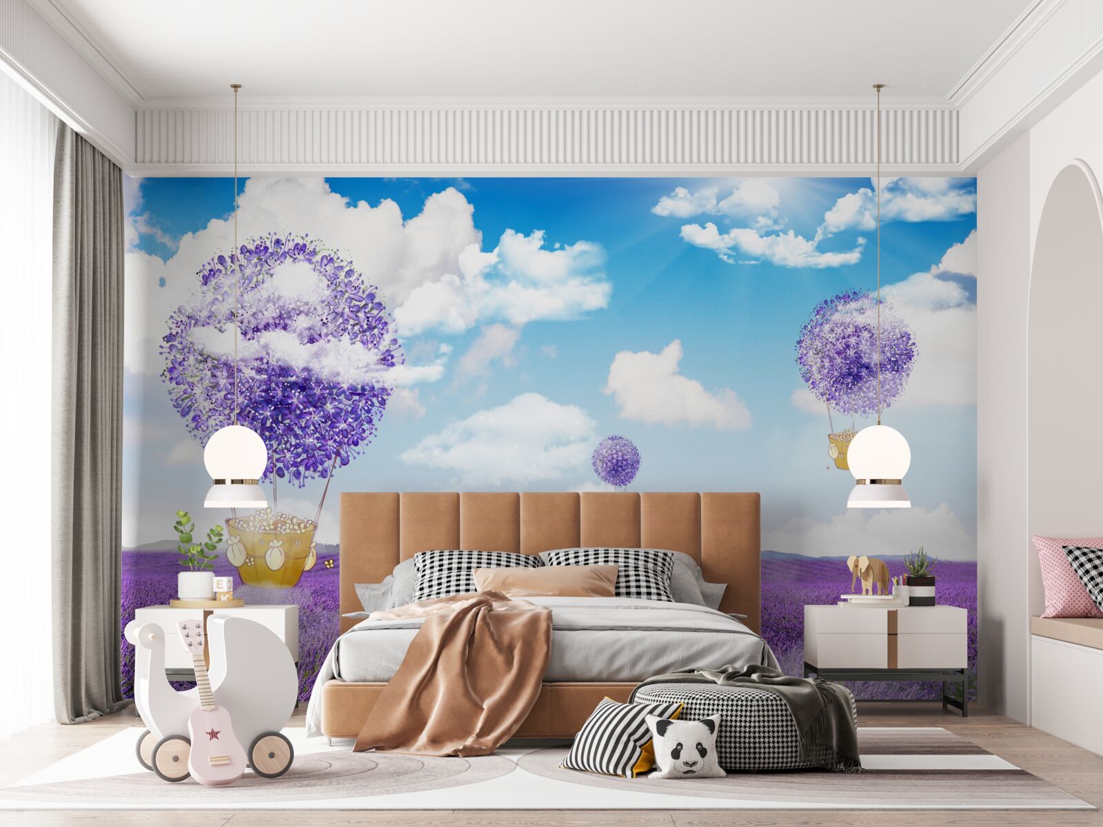 Fotobehang lavendelplantage en ballonnen