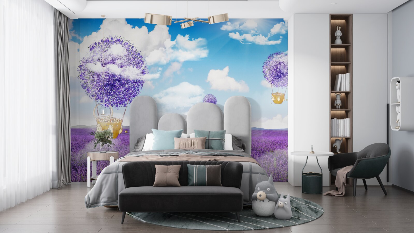 Fotobehang lavendelplantage en ballonnen