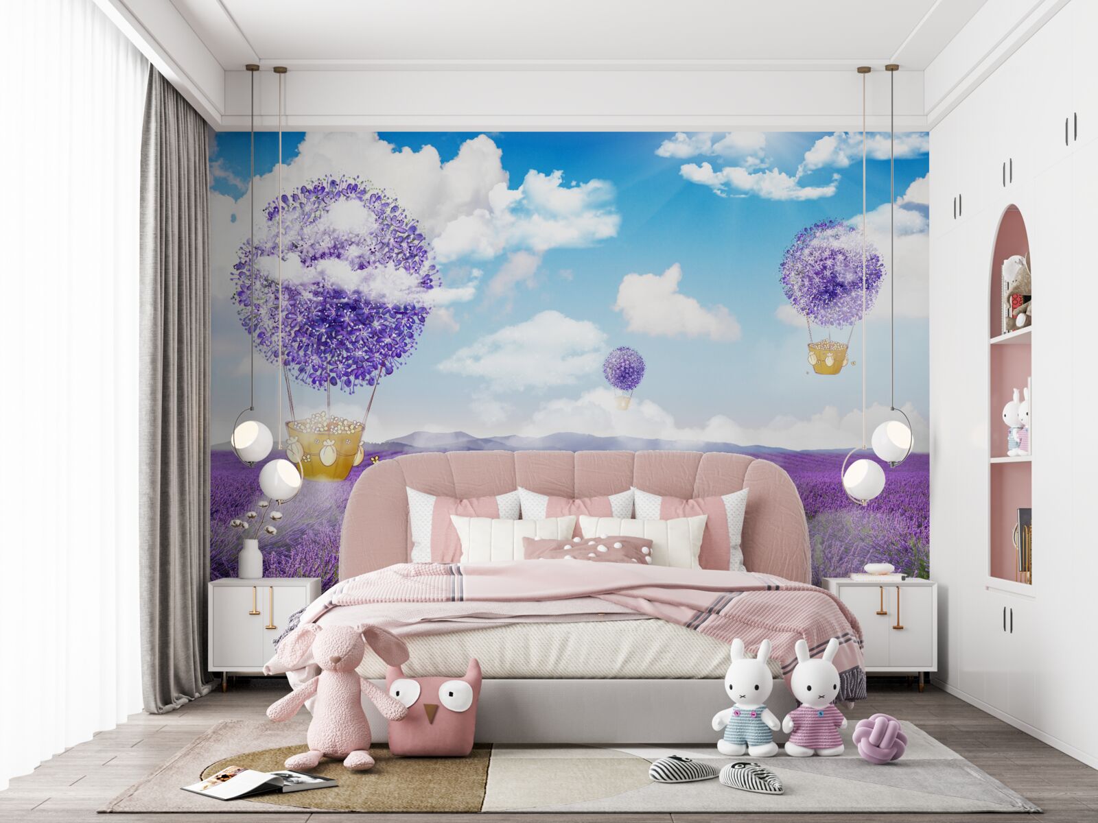 Fotobehang lavendelplantage en ballonnen