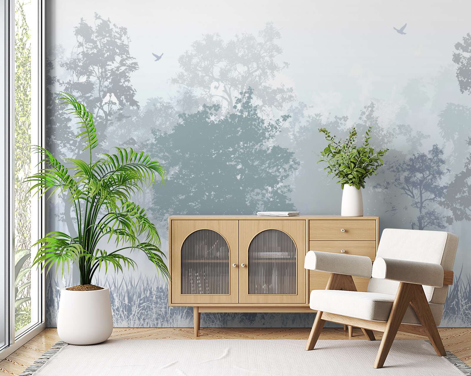 Fotobehang ochtendbos gehuld in mist