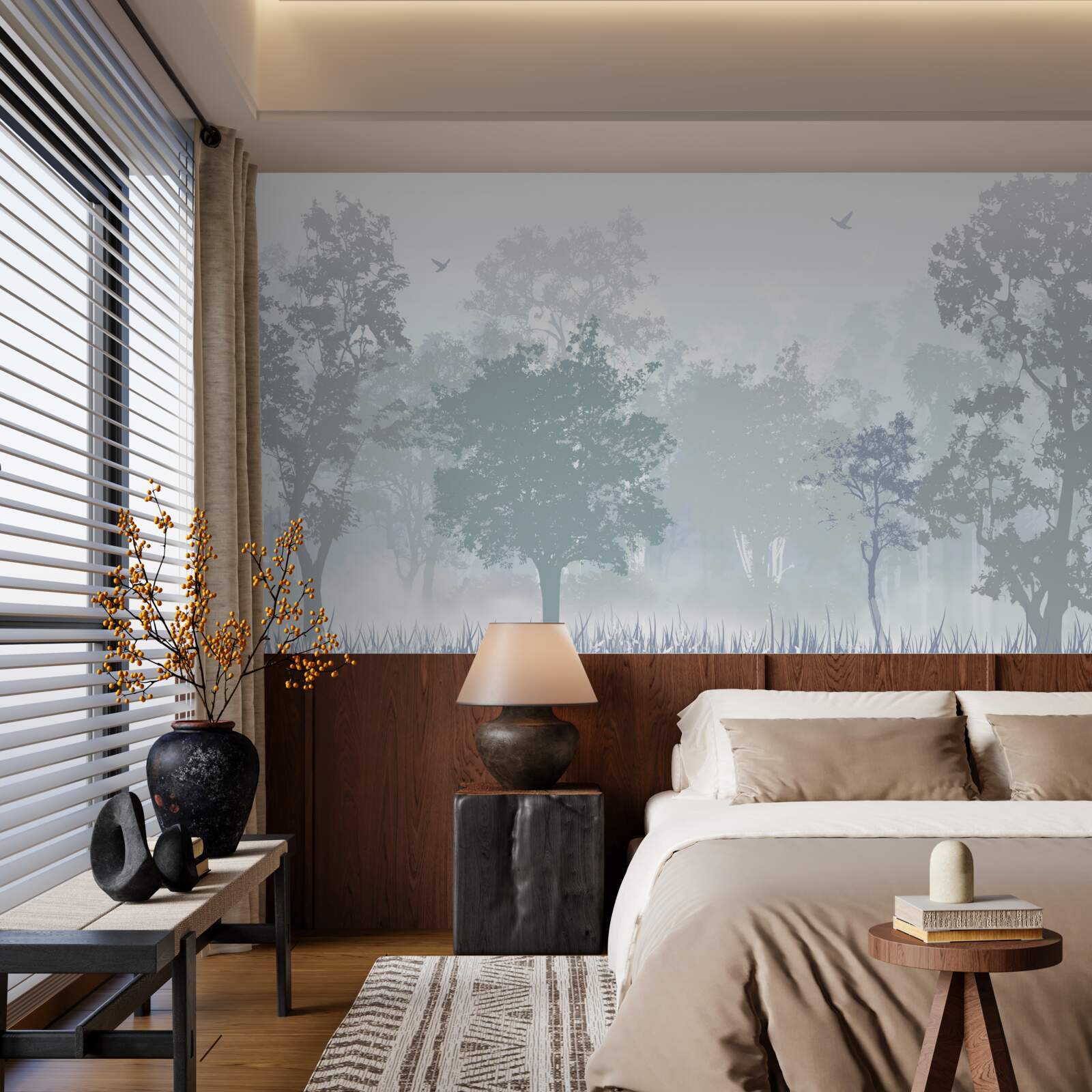 Fotobehang ochtendbos gehuld in mist