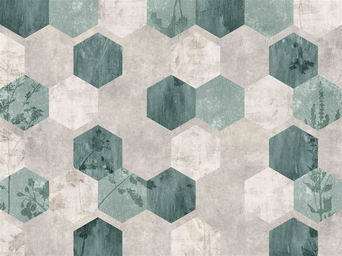 Fotobehang bladeren met patronen in de vorm van abstracte vijfhoeken