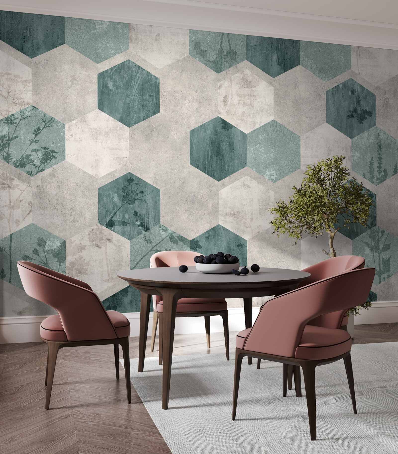 Fotobehang bladeren met patronen in de vorm van abstracte vijfhoeken