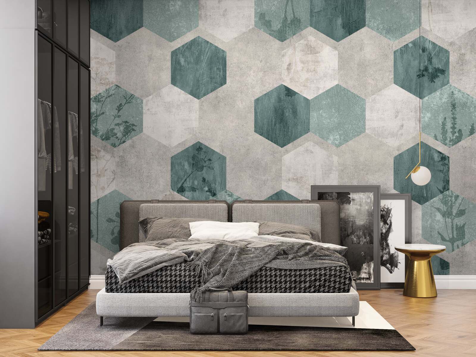 Fotobehang bladeren met patronen in de vorm van abstracte vijfhoeken