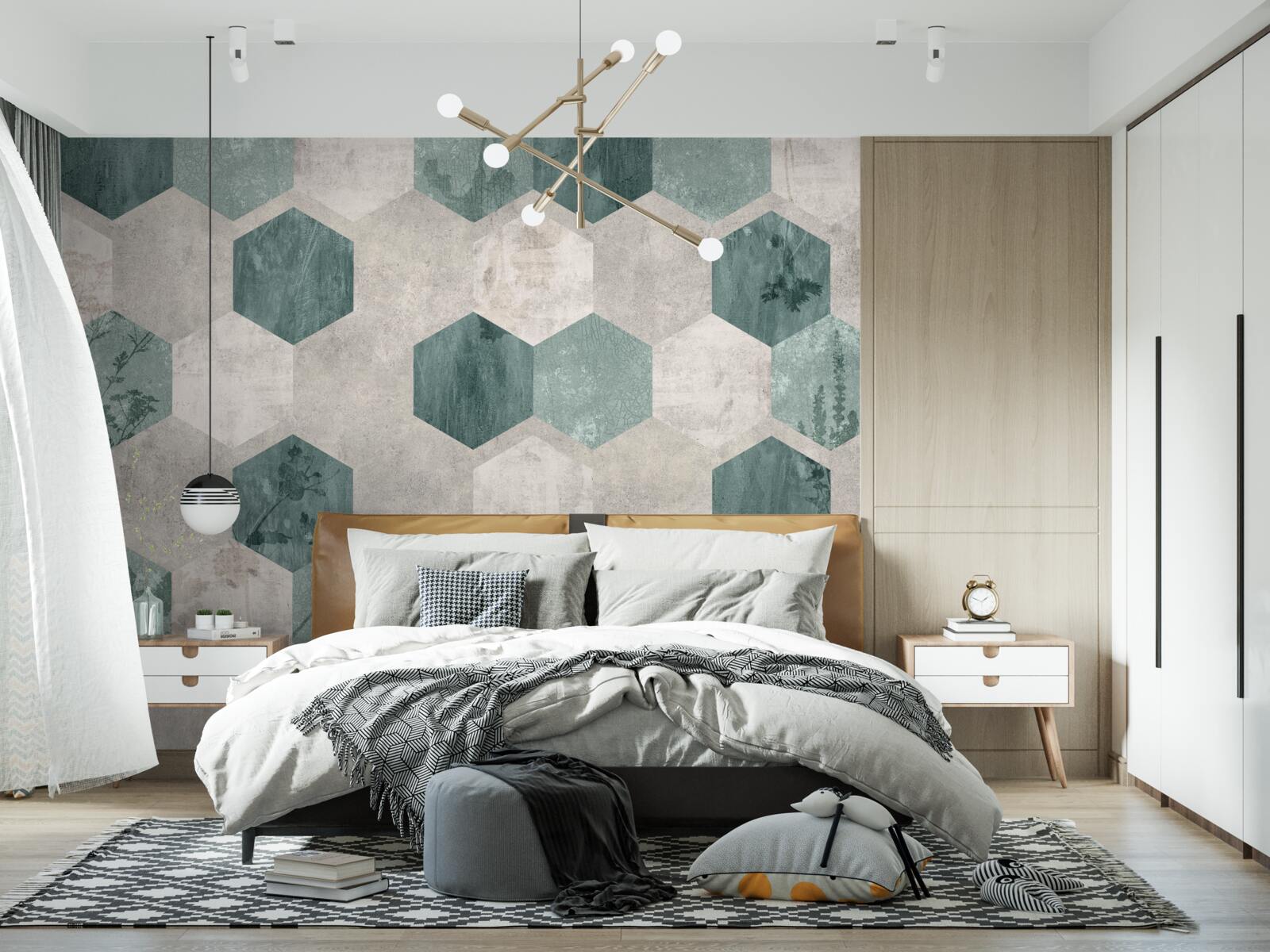 Fotobehang bladeren met patronen in de vorm van abstracte vijfhoeken