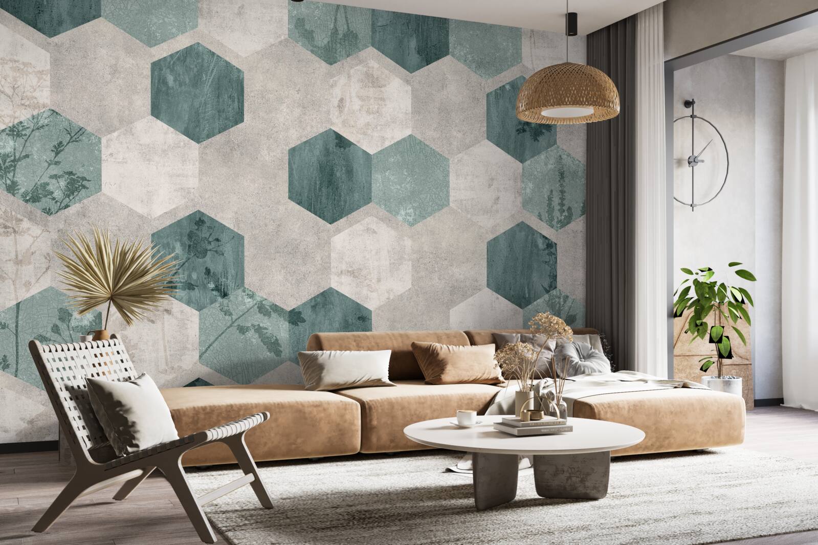 Fotobehang bladeren met patronen in de vorm van abstracte vijfhoeken