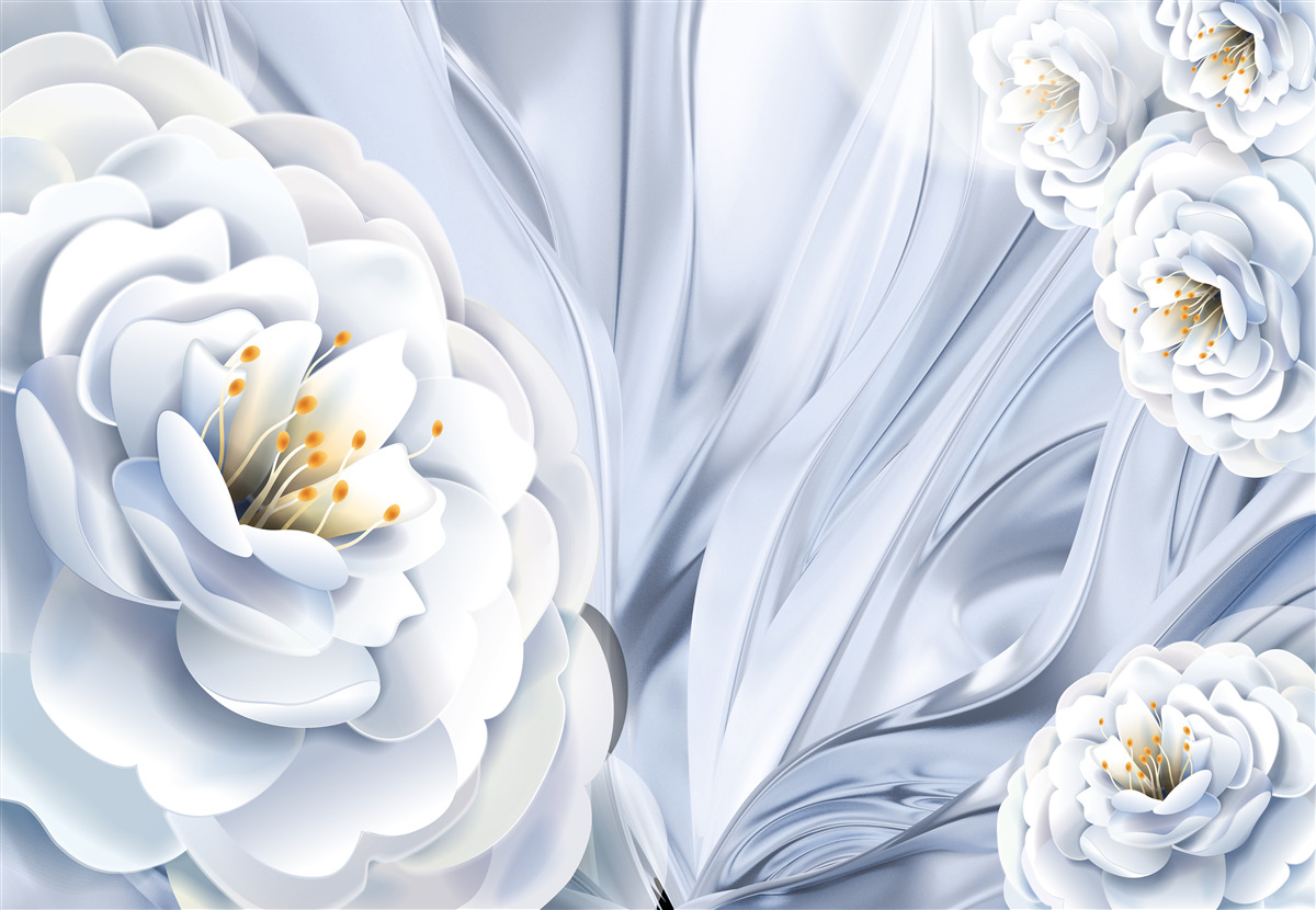 Fotobehang grote sneeuwwitte knoppen en groene bladeren