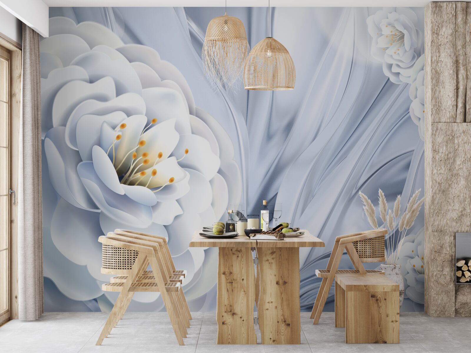 Fotobehang grote sneeuwwitte knoppen en groene bladeren