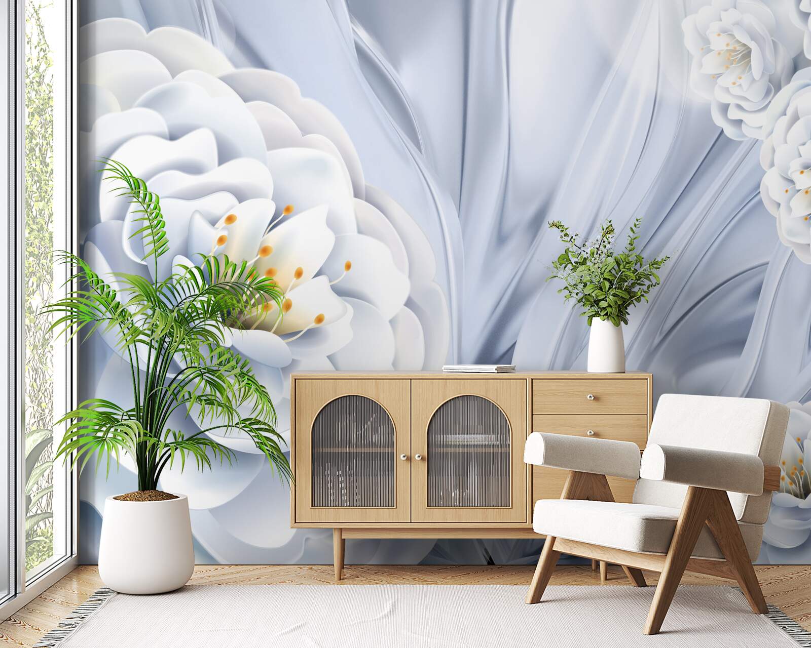 Fotobehang grote sneeuwwitte knoppen en groene bladeren