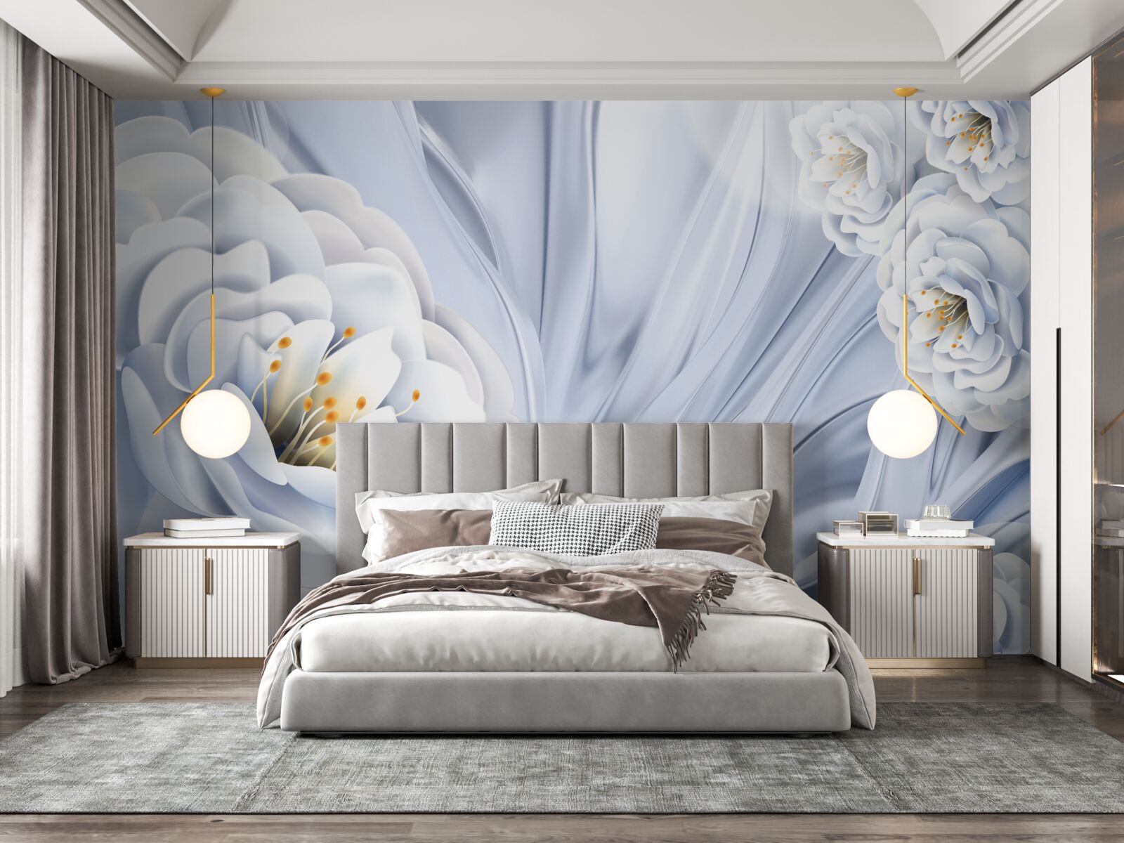 Fotobehang grote sneeuwwitte knoppen en groene bladeren