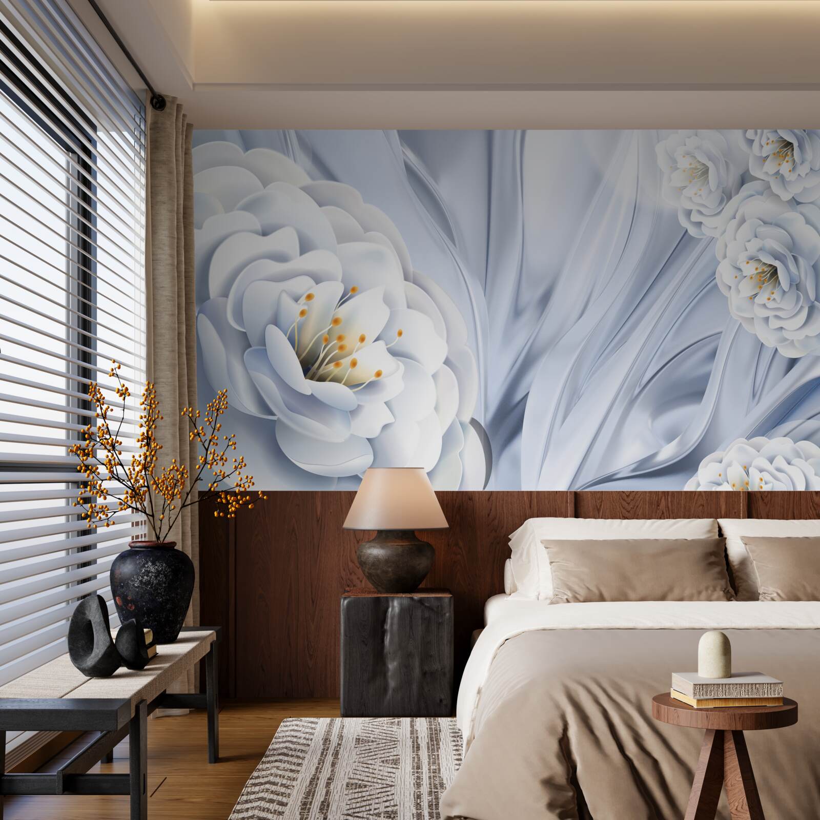 Fotobehang grote sneeuwwitte knoppen en groene bladeren