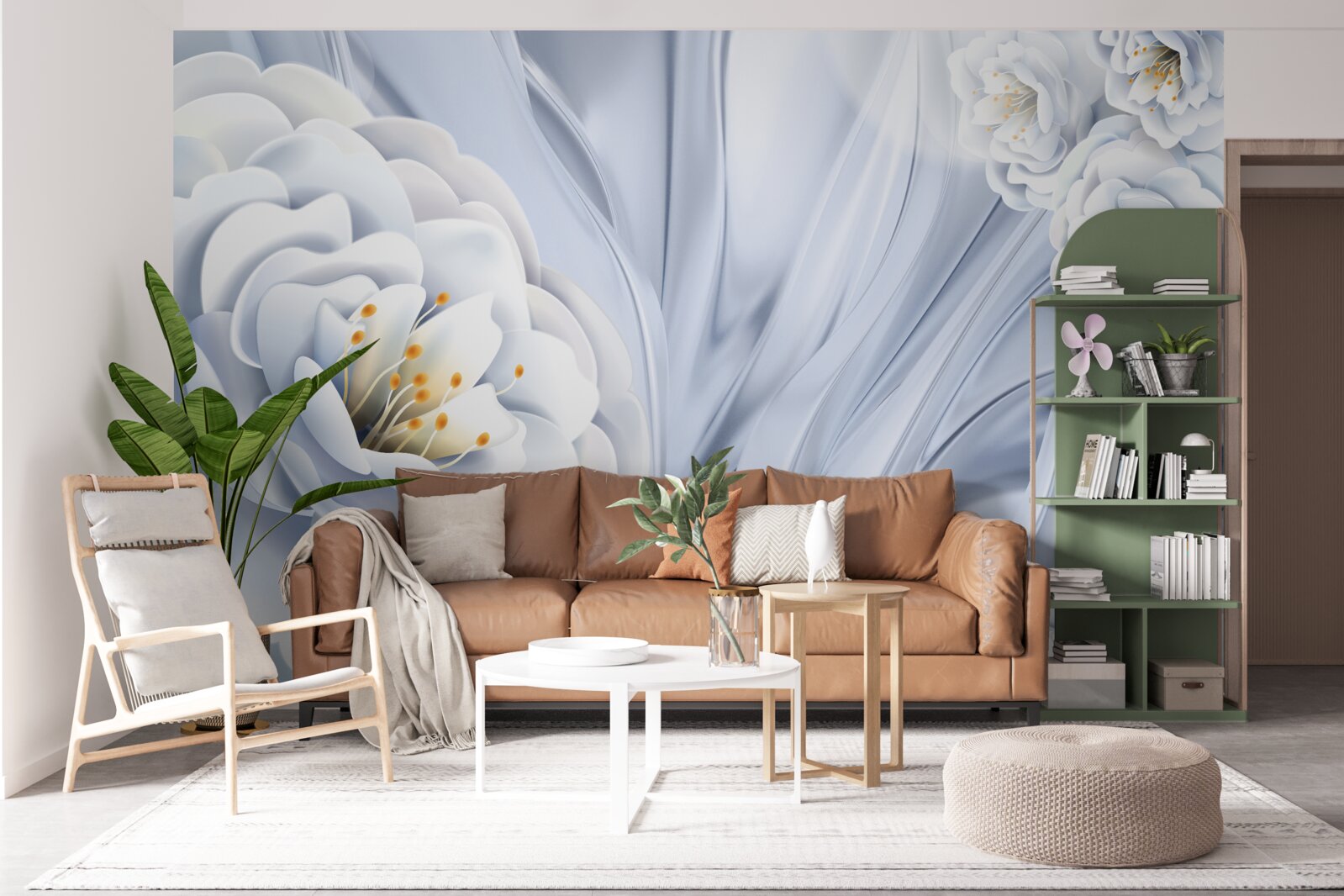 Fotobehang grote sneeuwwitte knoppen en groene bladeren