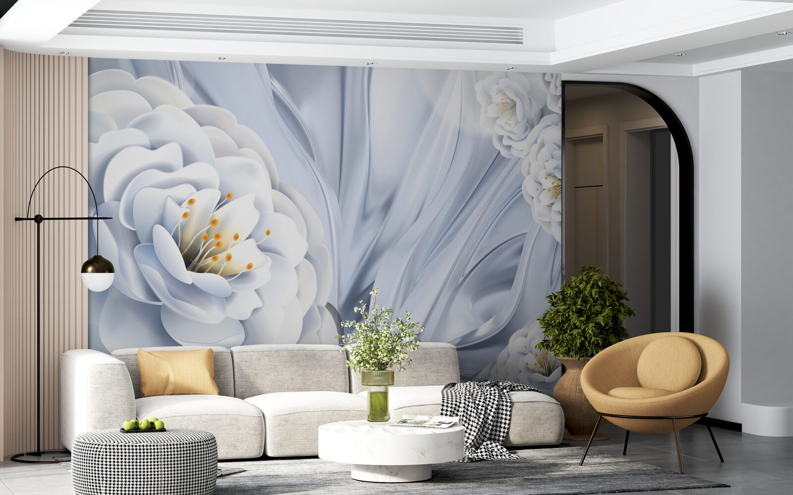 Fotobehang grote sneeuwwitte knoppen en groene bladeren