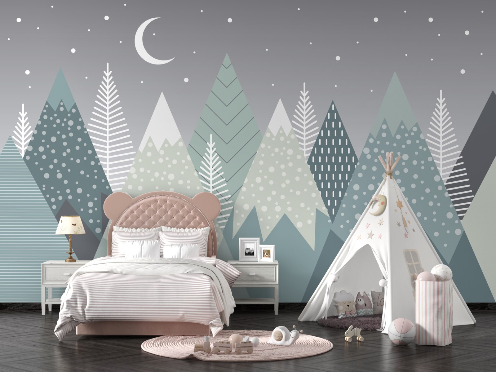 Fotobehang woud van naaldbomen in het maanlicht