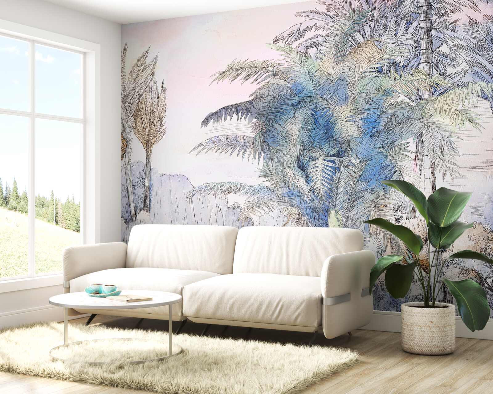 Fotobehang hoge bomen tussen de rotsen