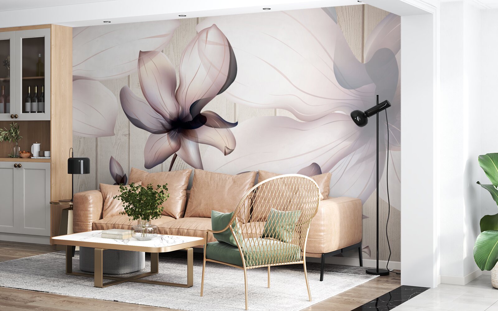 Fotobehang grote heldere bloemen aan een boom