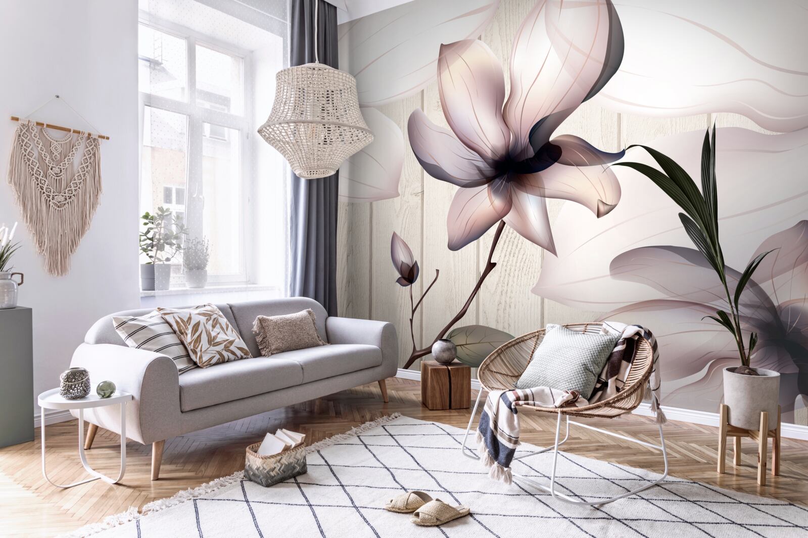 Fotobehang grote heldere bloemen aan een boom