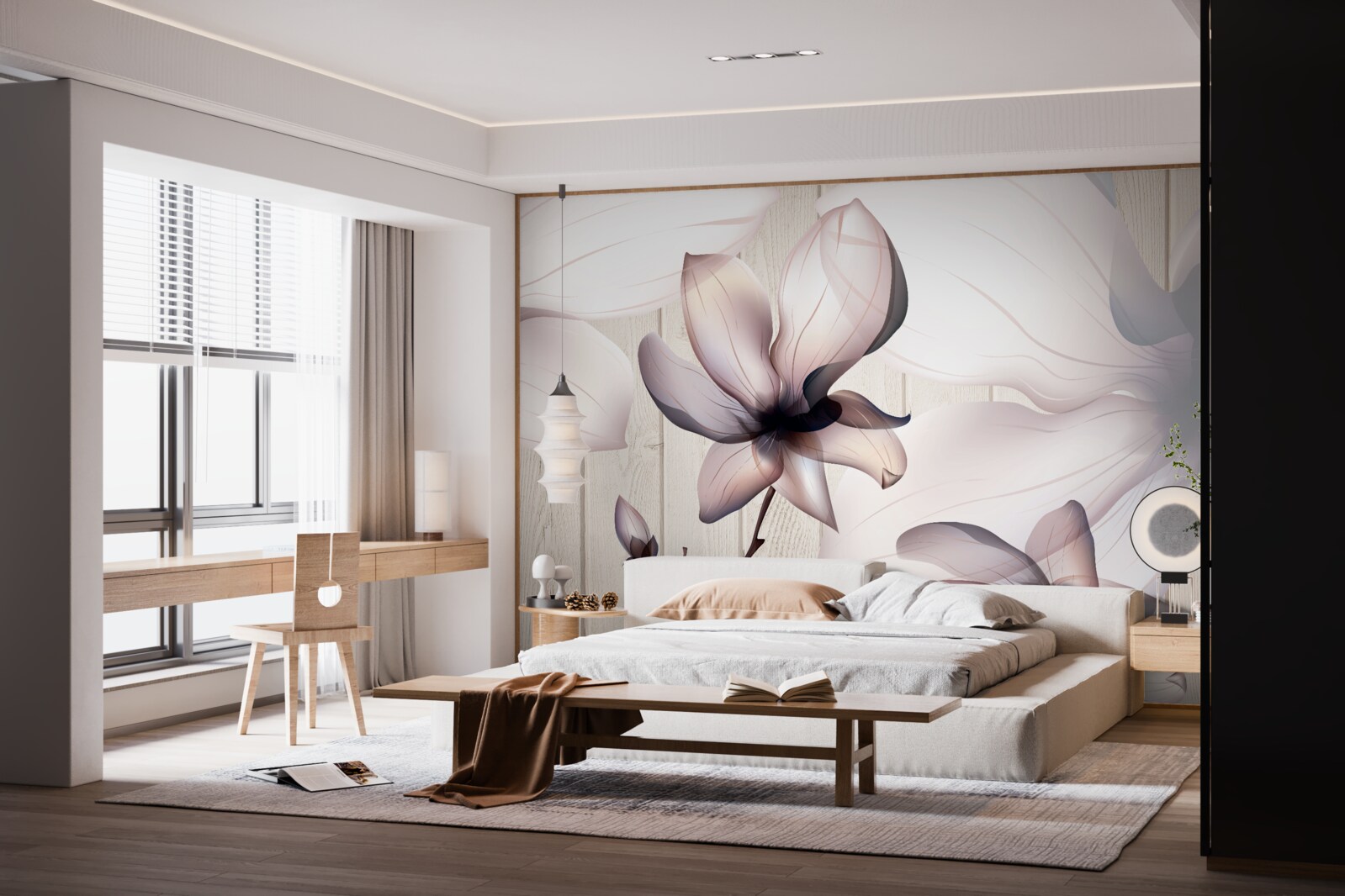 Fotobehang grote heldere bloemen aan een boom