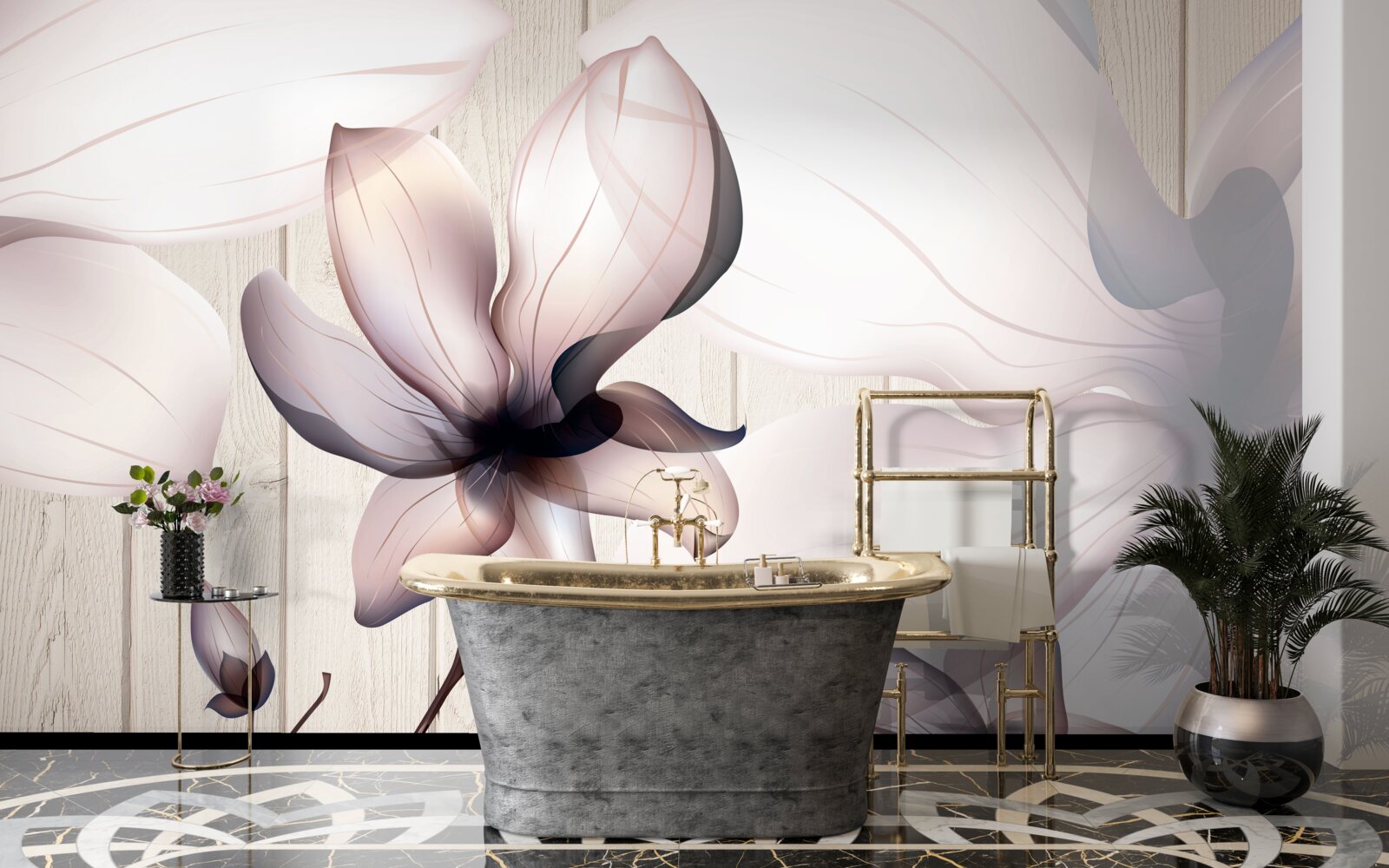 Fotobehang grote heldere bloemen aan een boom