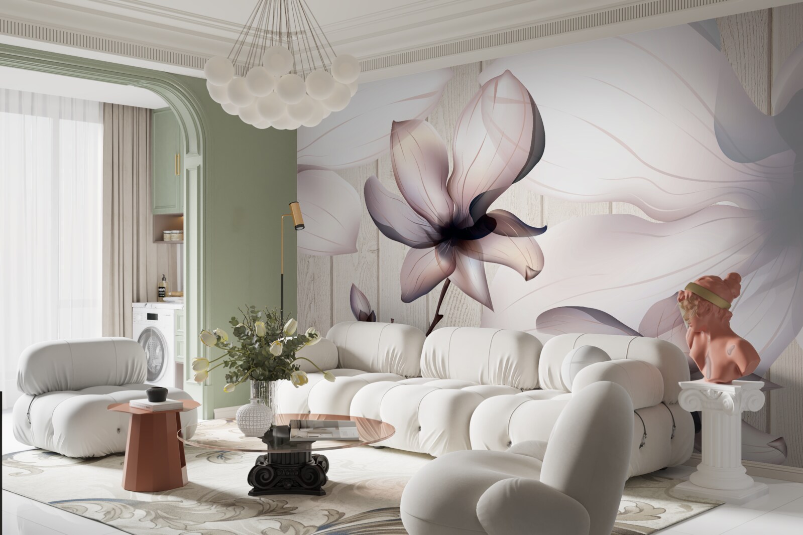 Fotobehang grote heldere bloemen aan een boom