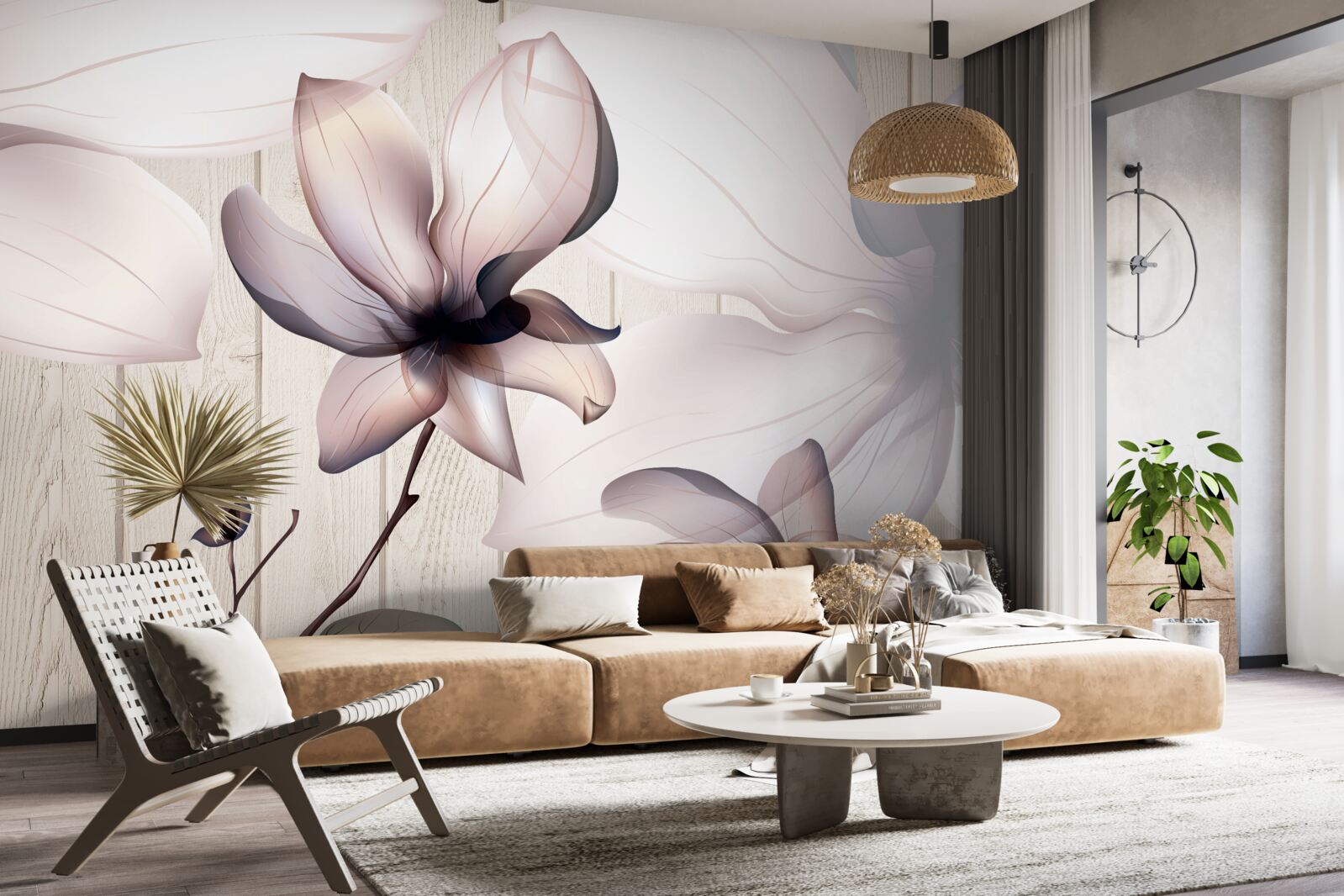 Fotobehang grote heldere bloemen aan een boom