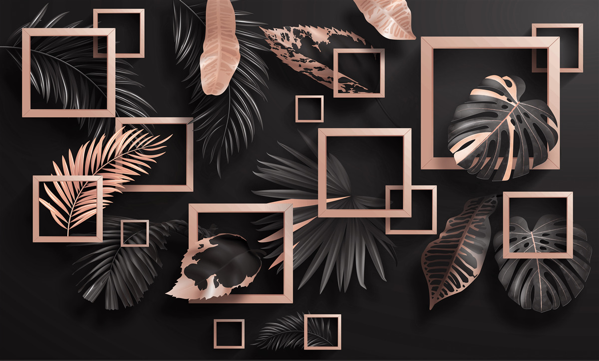 Fotobehang tropische abstractie in zwart- en goudtinten