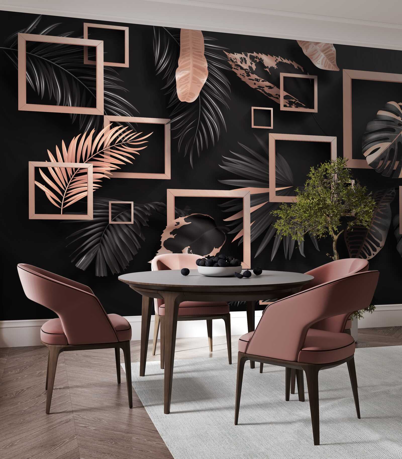 Fotobehang tropische abstractie in zwart- en goudtinten