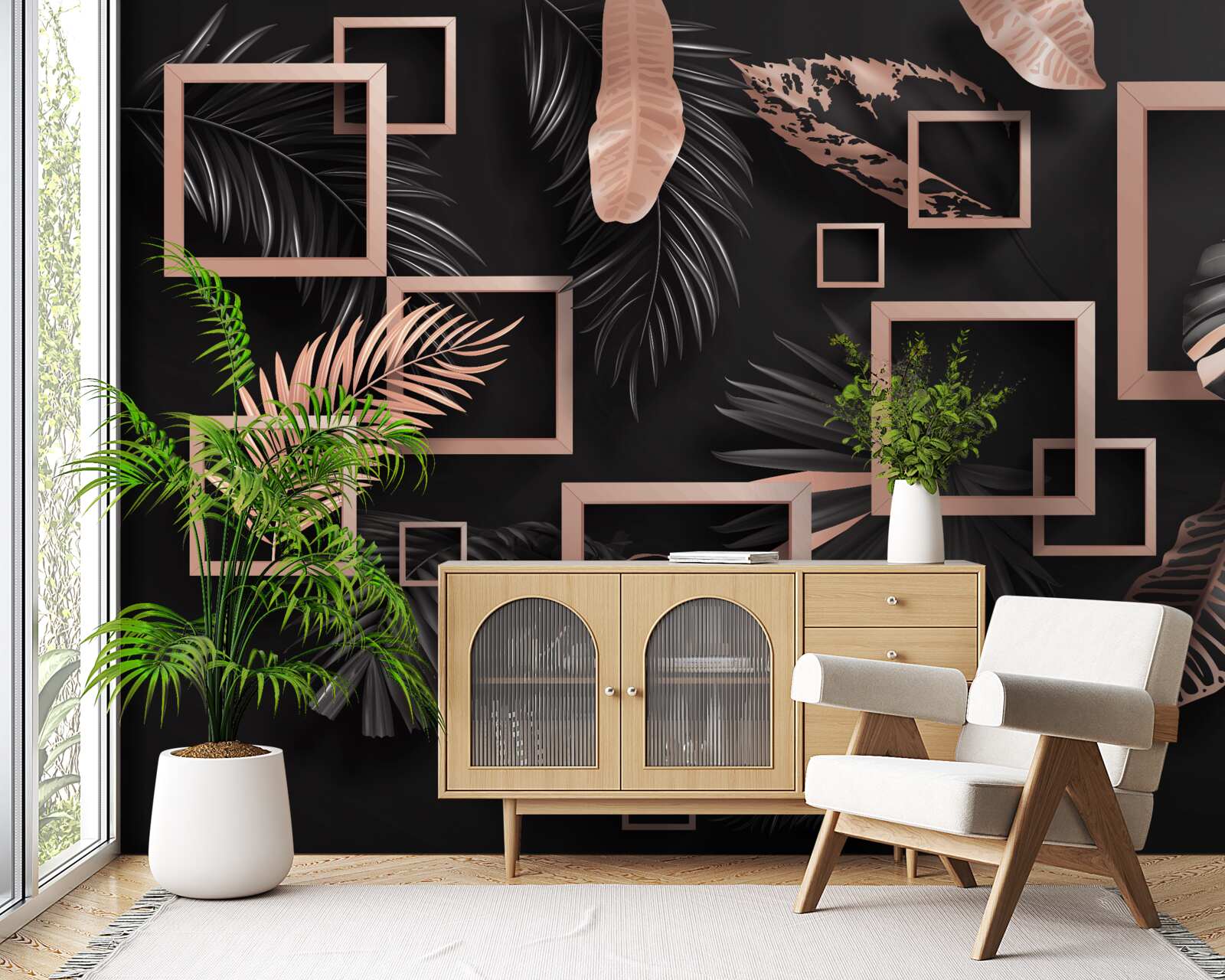 Fotobehang tropische abstractie in zwart- en goudtinten