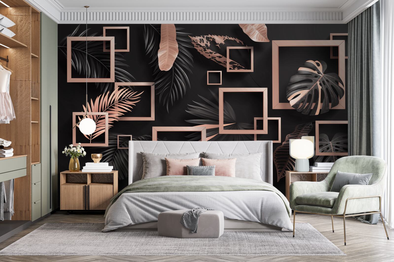 Fotobehang tropische abstractie in zwart- en goudtinten