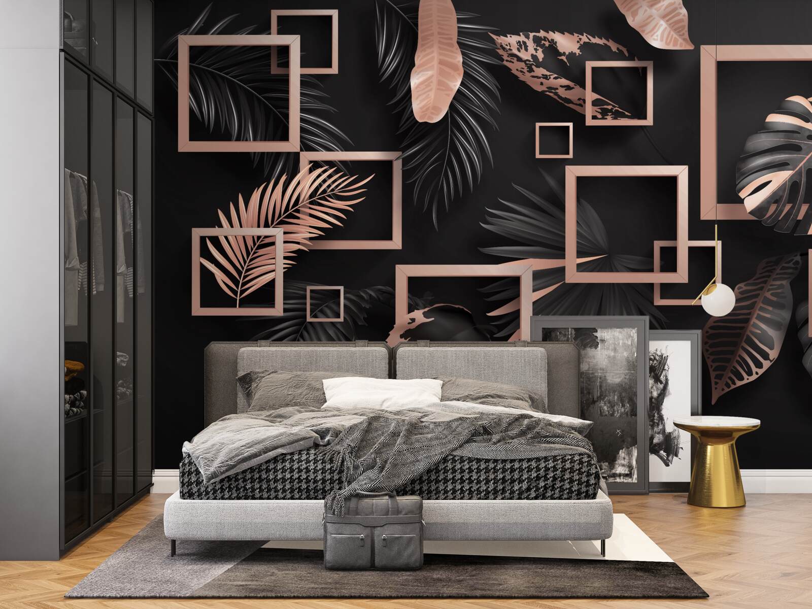 Fotobehang tropische abstractie in zwart- en goudtinten