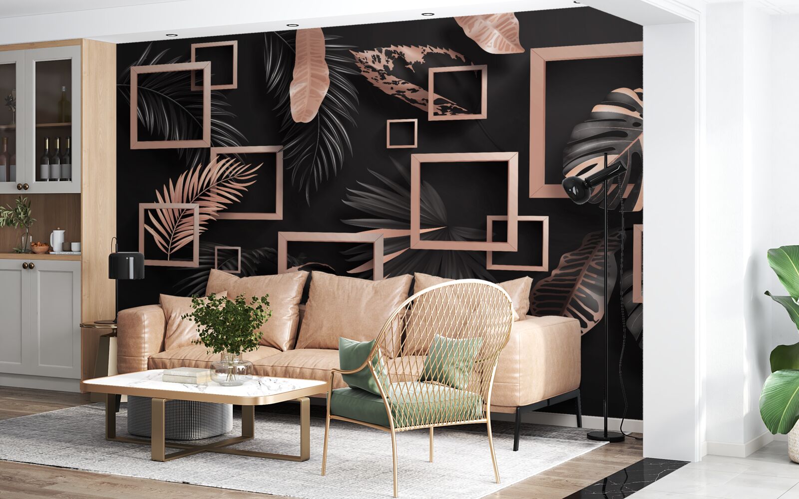 Fotobehang tropische abstractie in zwart- en goudtinten