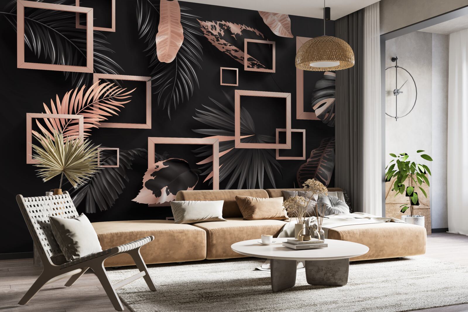 Fotobehang tropische abstractie in zwart- en goudtinten