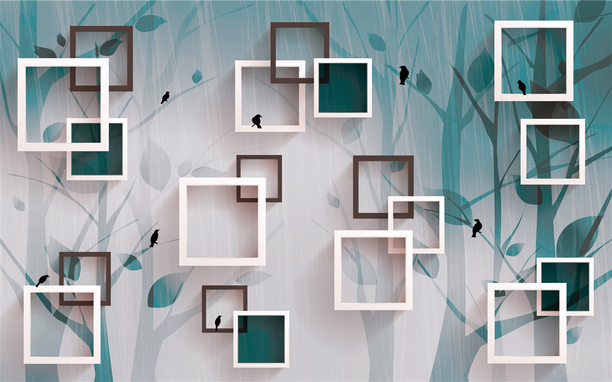 Fotobehang sneeuwwitte vierkanten op een landschappelijke achtergrond