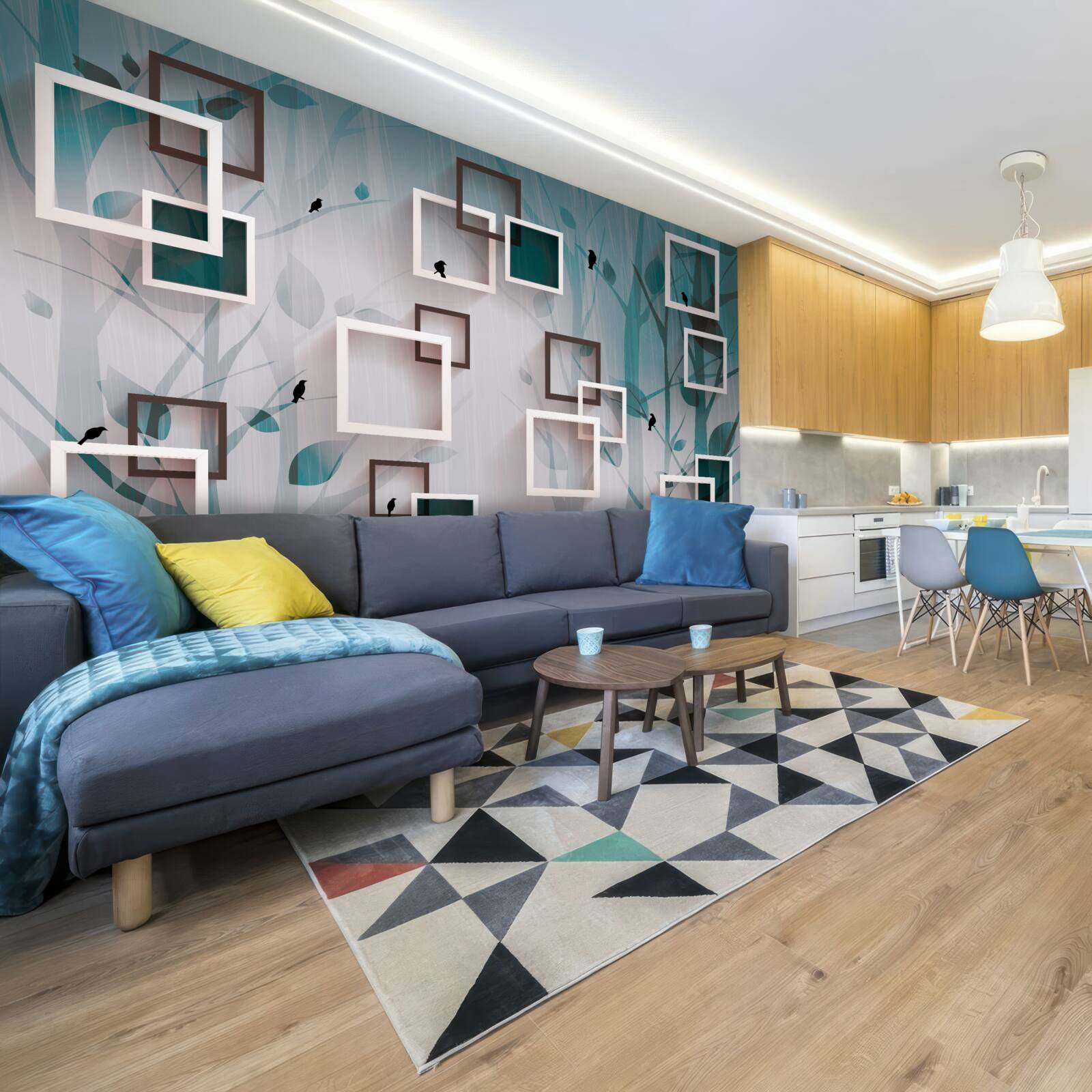 Fotobehang sneeuwwitte vierkanten op een landschappelijke achtergrond