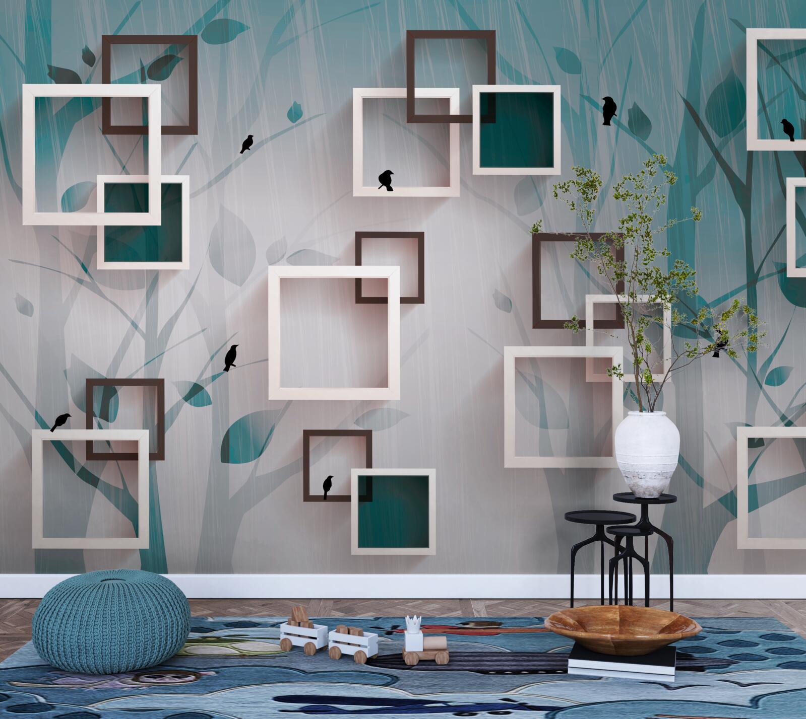 Fotobehang sneeuwwitte vierkanten op een landschappelijke achtergrond