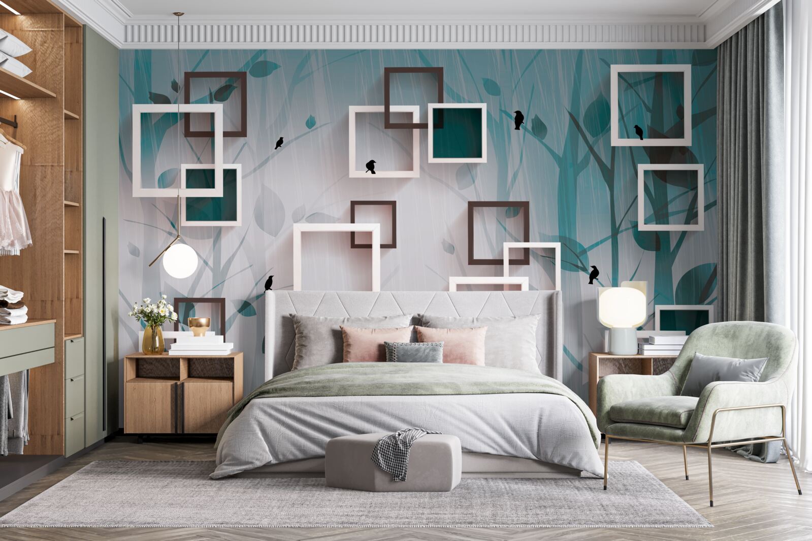 Fotobehang sneeuwwitte vierkanten op een landschappelijke achtergrond