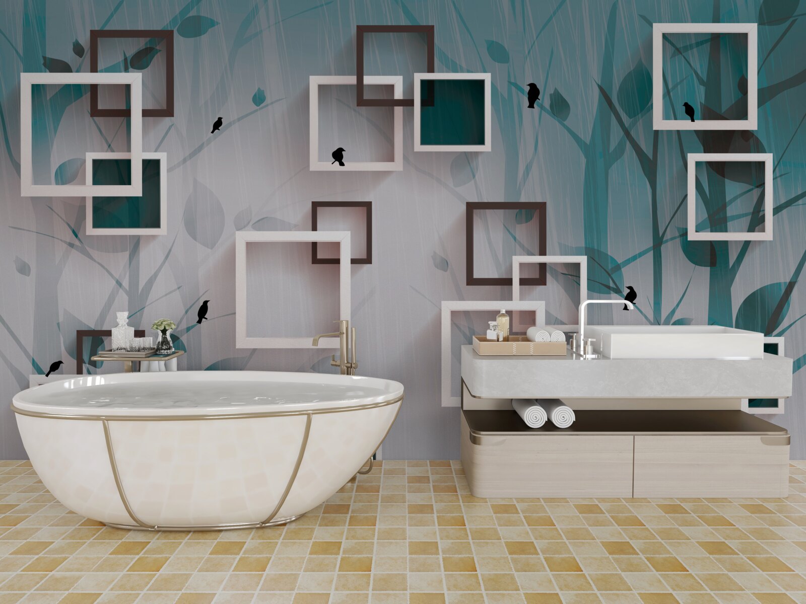 Fotobehang sneeuwwitte vierkanten op een landschappelijke achtergrond