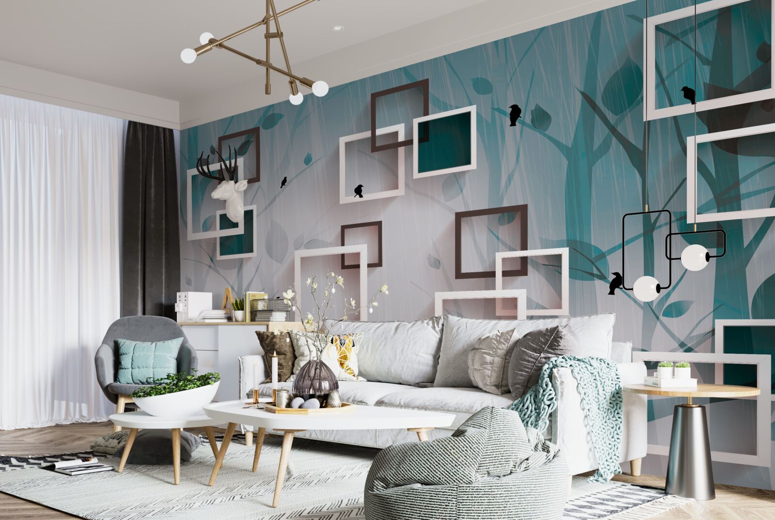 Fotobehang sneeuwwitte vierkanten op een landschappelijke achtergrond