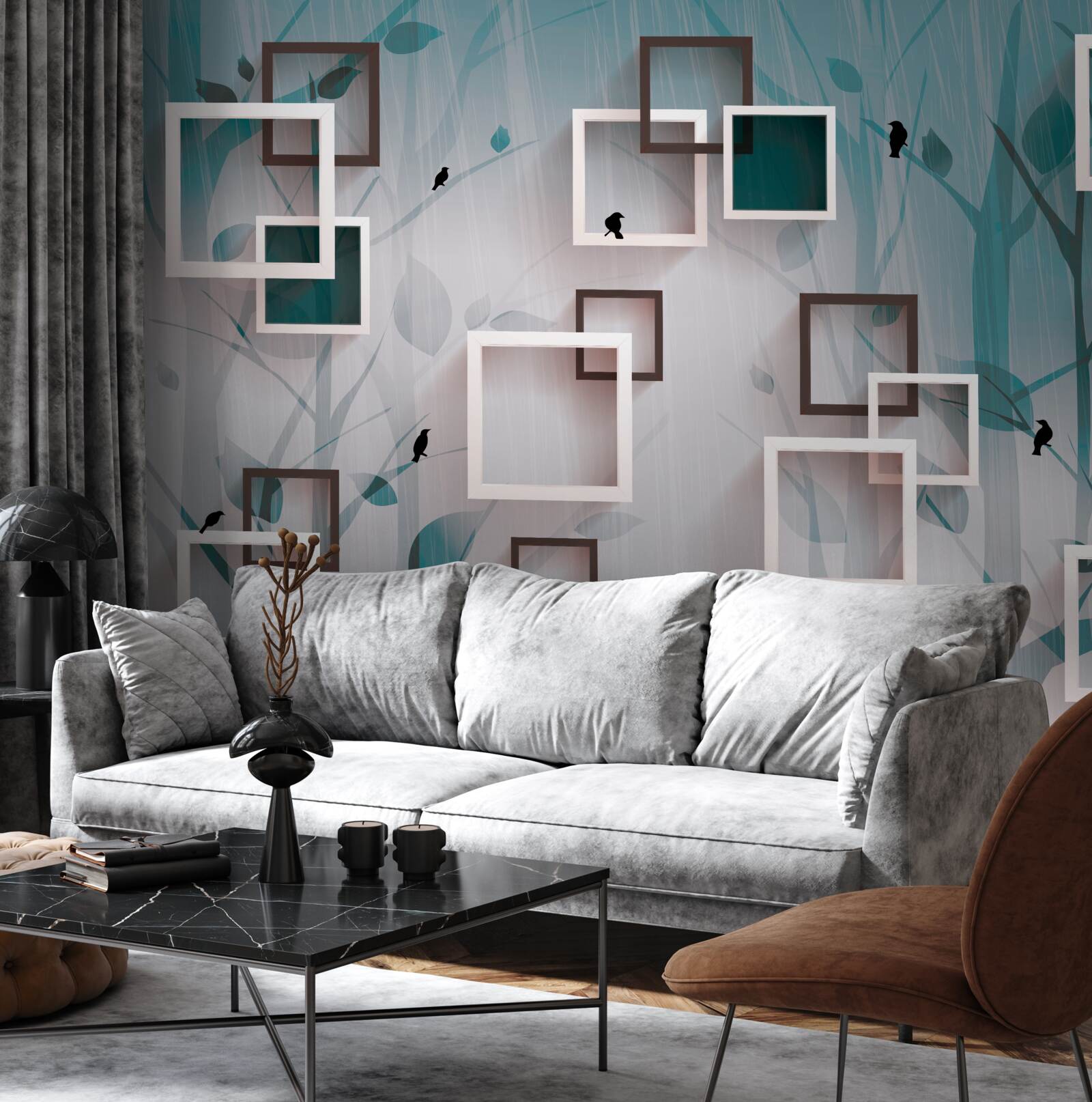 Fotobehang sneeuwwitte vierkanten op een landschappelijke achtergrond