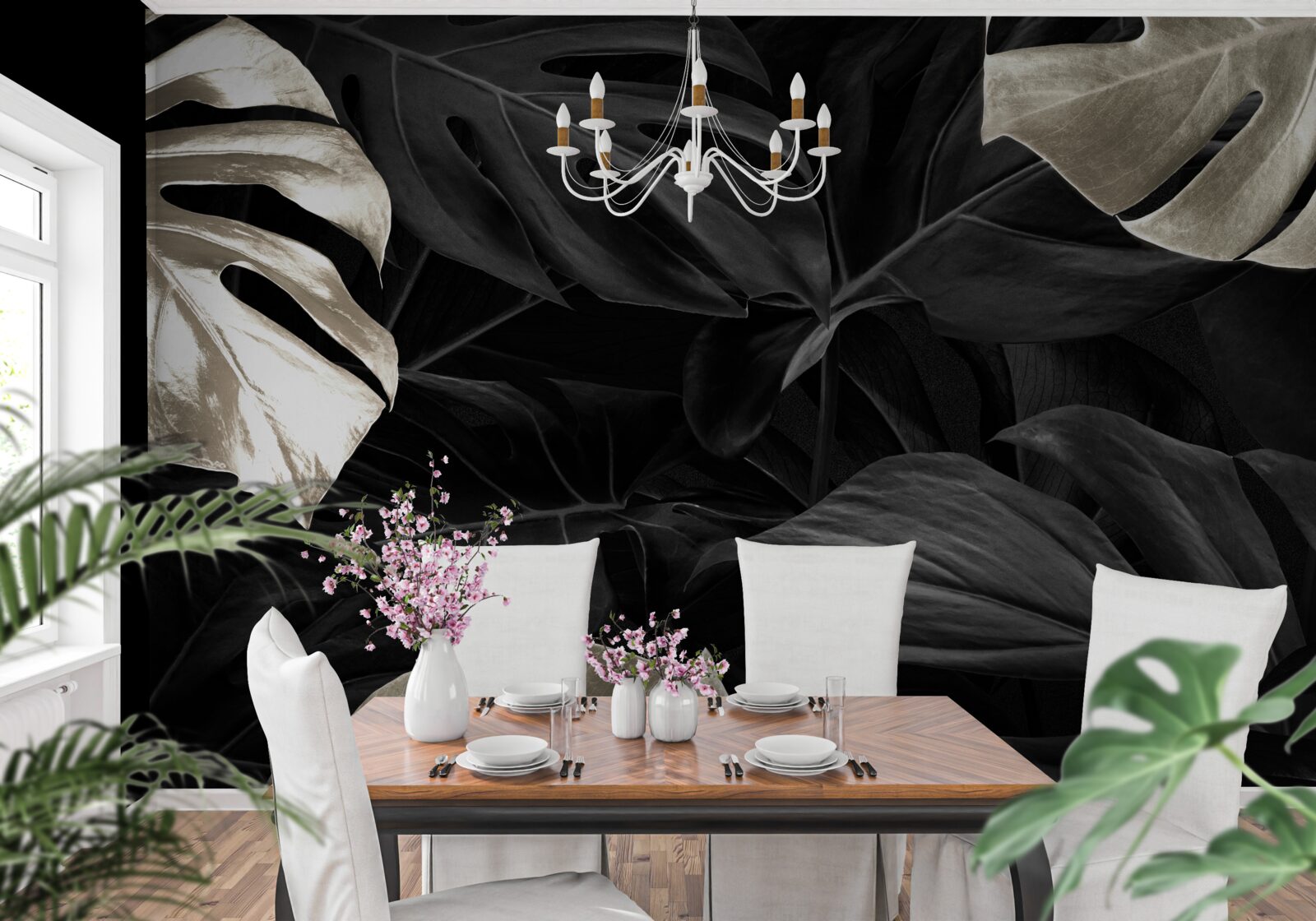 Fotobehang Sneeuwwitte monstera bladeren op een zwarte achtergrond