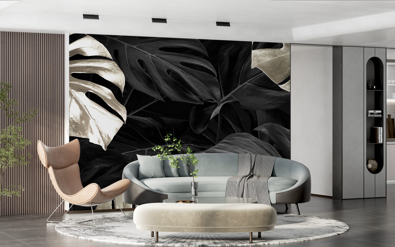 Fotobehang Sneeuwwitte monstera bladeren op een zwarte achtergrond