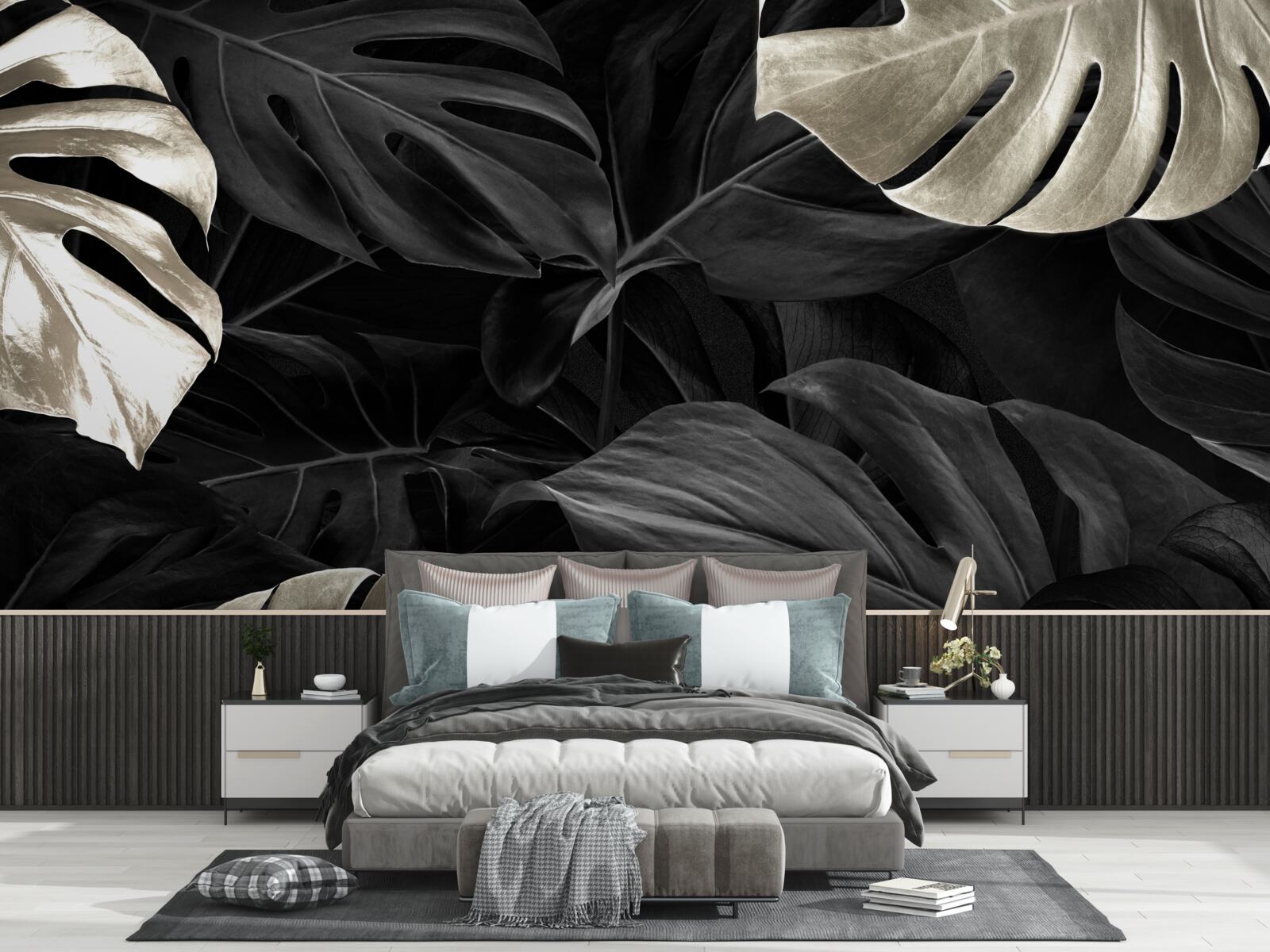 Fotobehang Sneeuwwitte monstera bladeren op een zwarte achtergrond