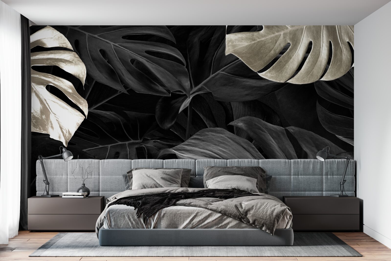 Fotobehang Sneeuwwitte monstera bladeren op een zwarte achtergrond