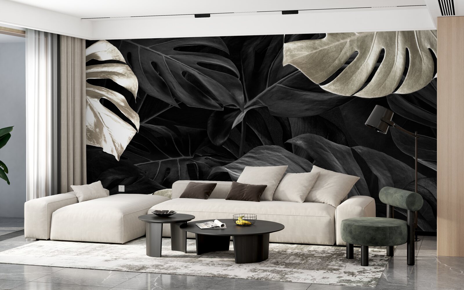 Fotobehang Sneeuwwitte monstera bladeren op een zwarte achtergrond