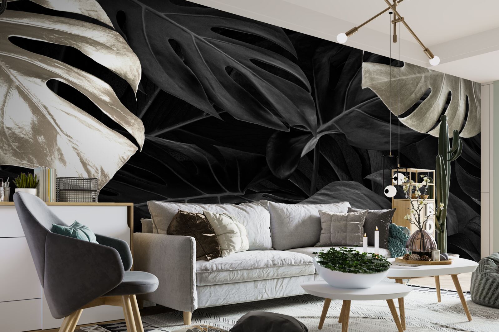 Fotobehang Sneeuwwitte monstera bladeren op een zwarte achtergrond