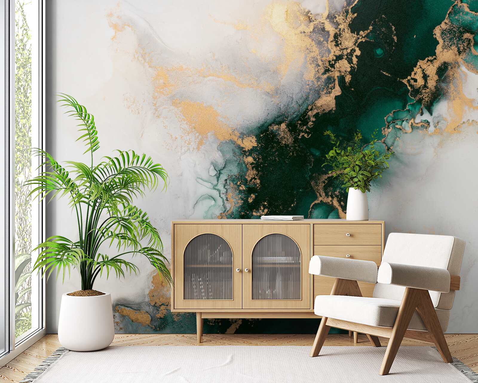 Fotobehang wit marmer met smaragdgroene tinten