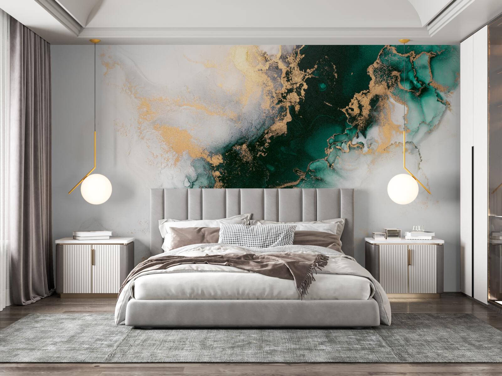 Fotobehang wit marmer met smaragdgroene tinten