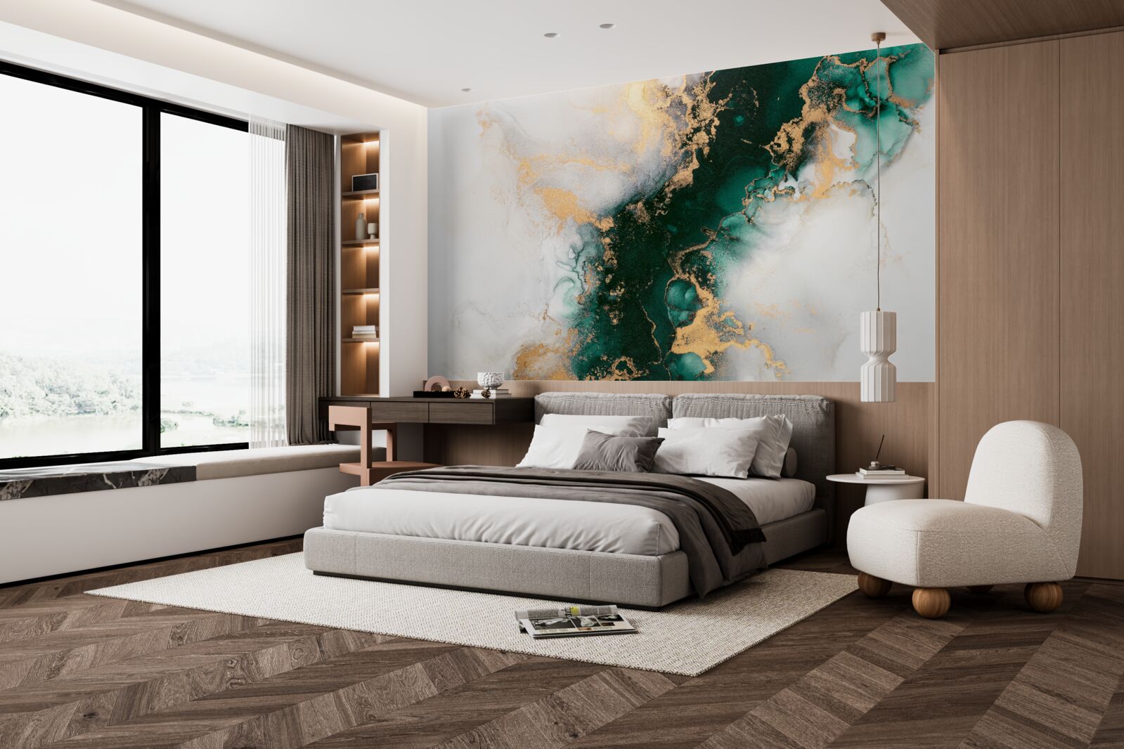 Fotobehang wit marmer met smaragdgroene tinten