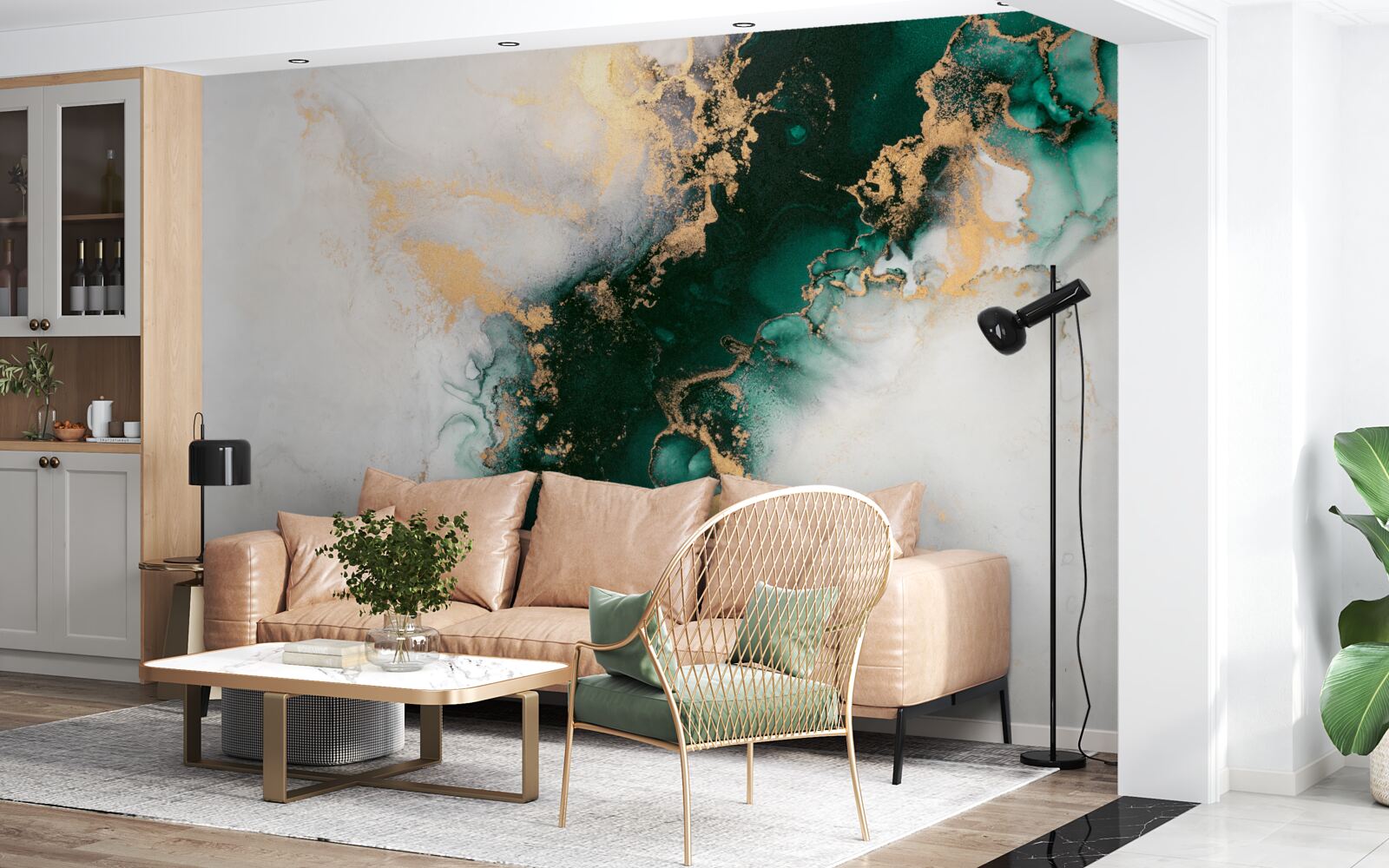 Fotobehang wit marmer met smaragdgroene tinten